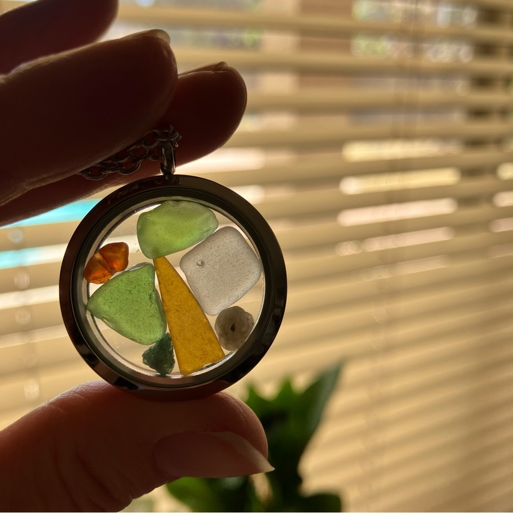 NEW Locket Pendant Necklace Sea Glass Monterey Bay California Stainless Steel